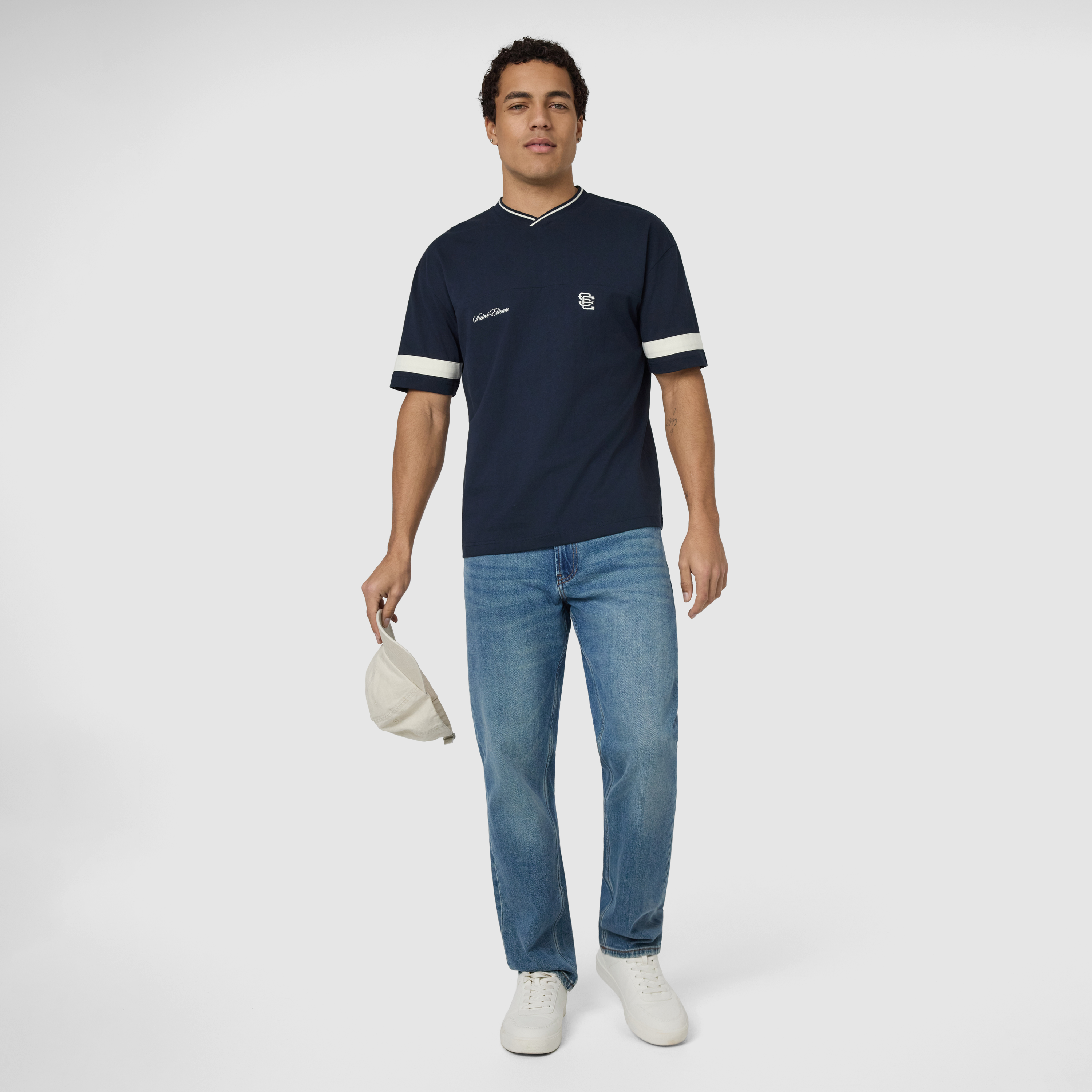Navy St Etienne Graphic Boxy V Neck Tee