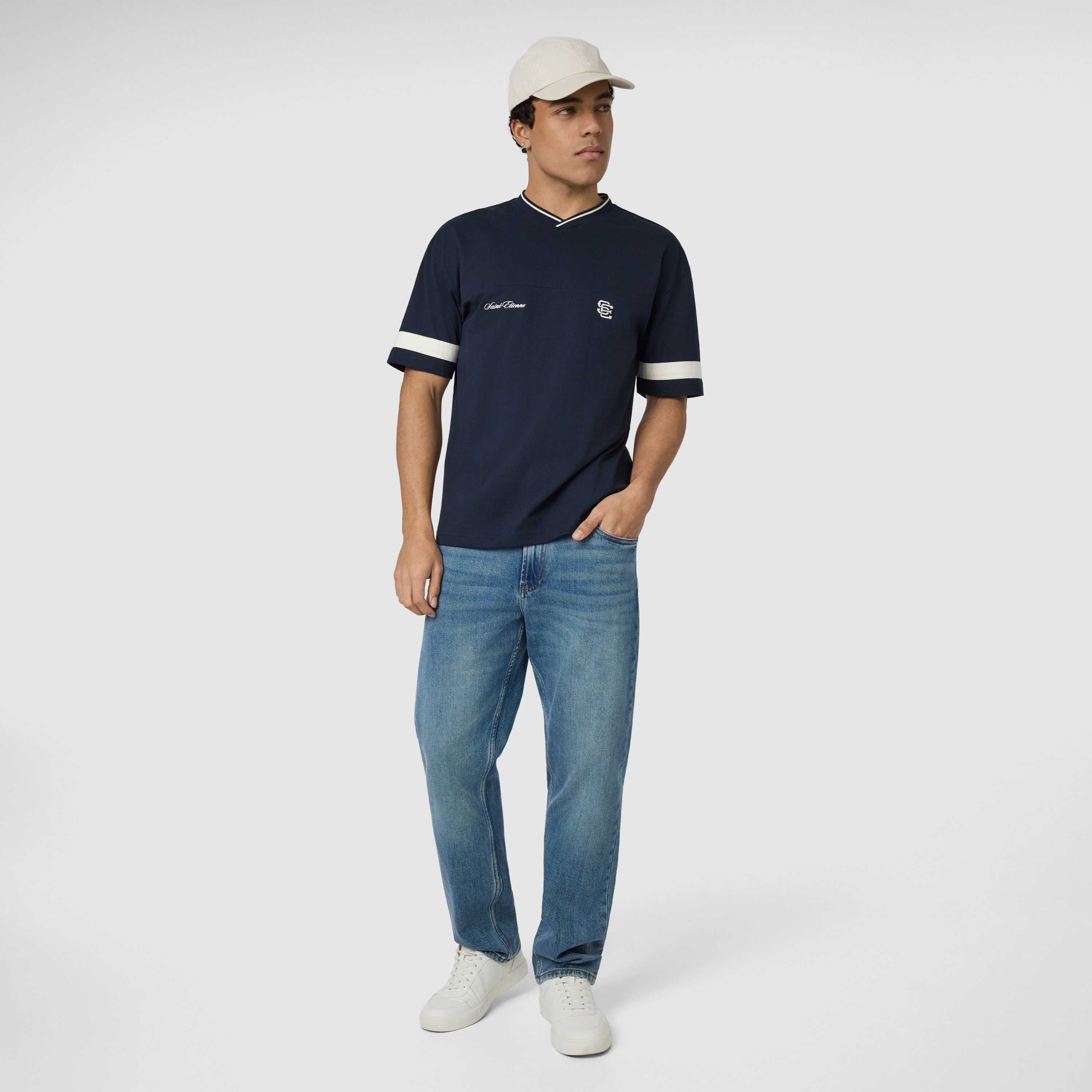 Navy St Etienne Graphic Boxy V Neck Tee