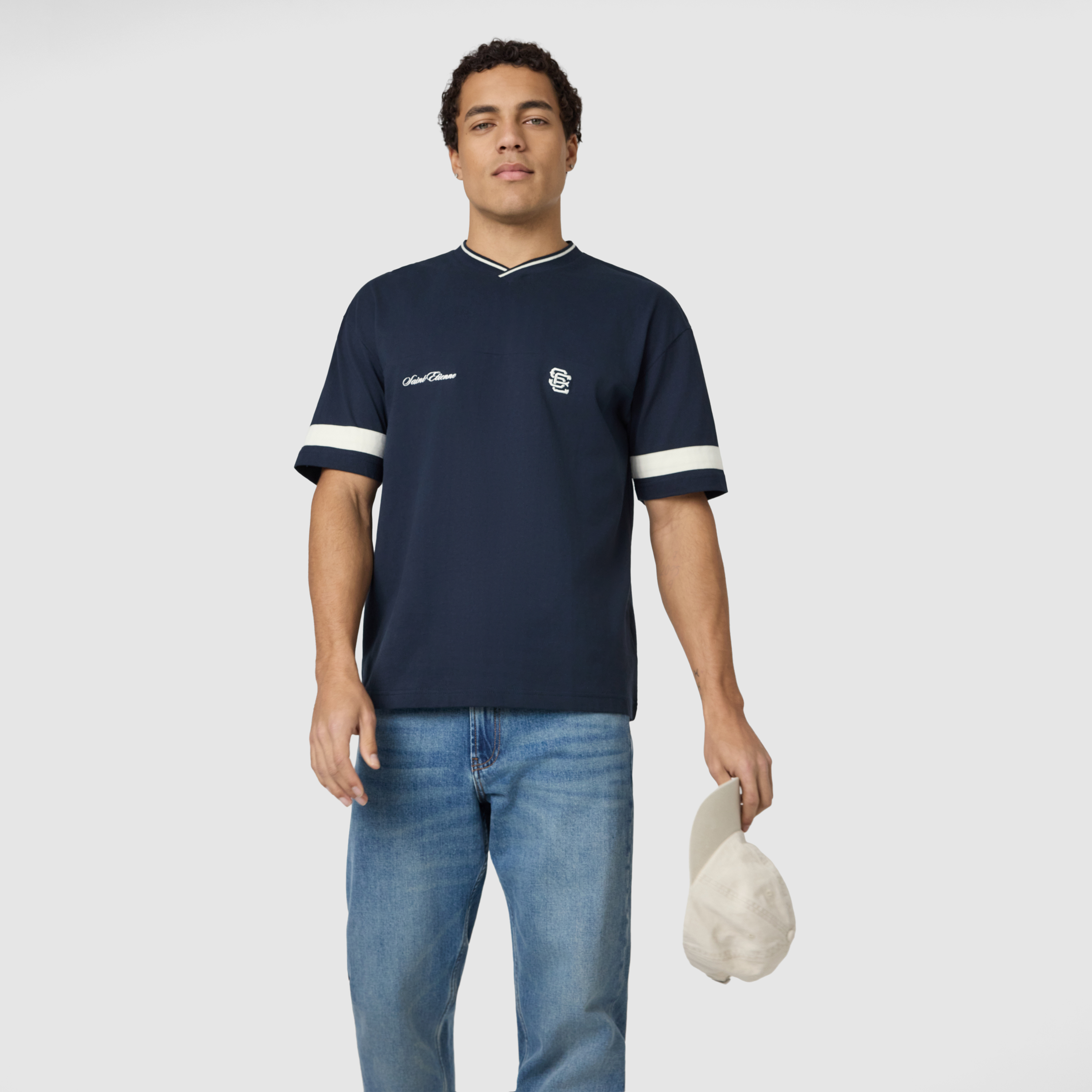 Navy St Etienne Graphic Boxy V Neck Tee
