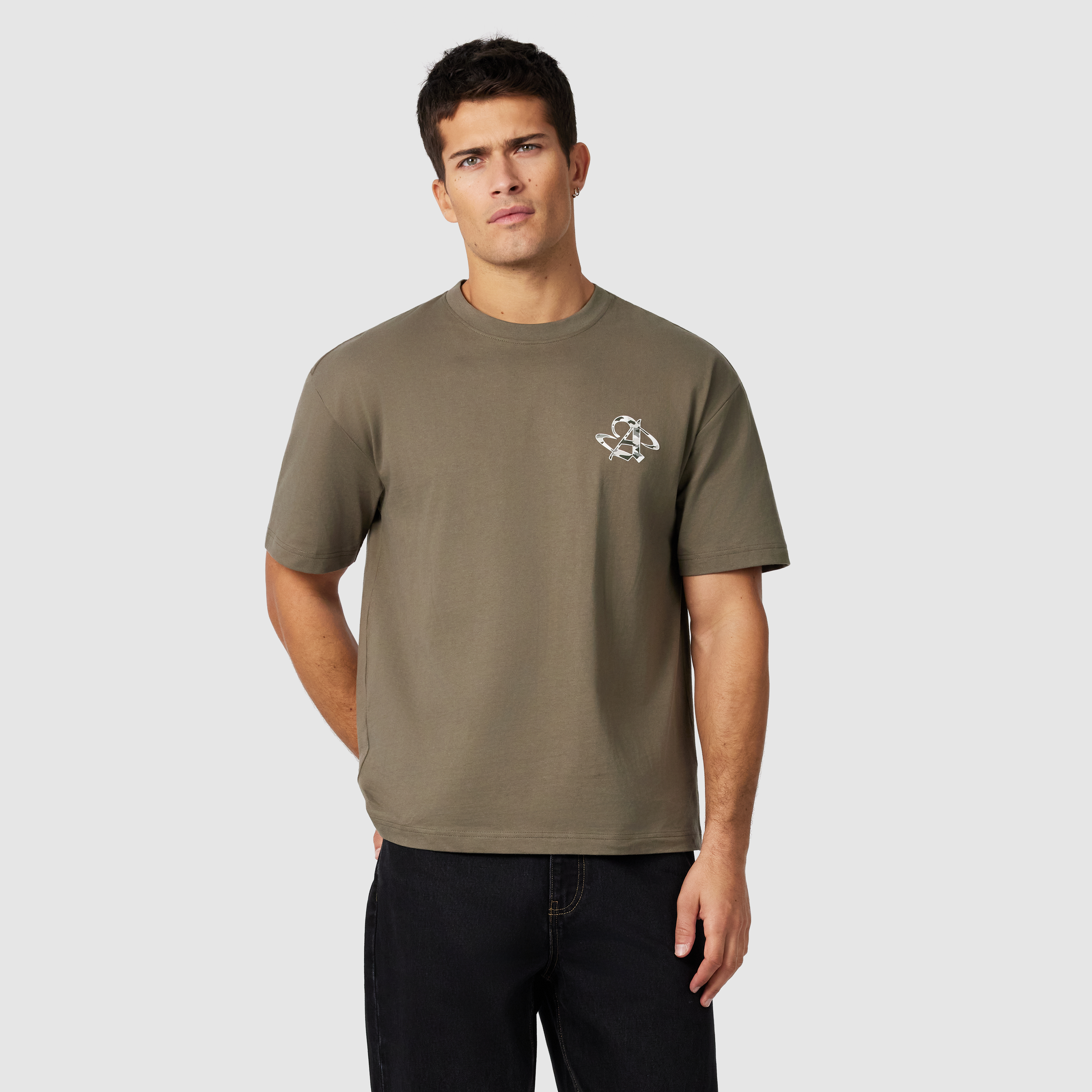 Khaki Green Camo Graphic Boxy Crew Neck Tee