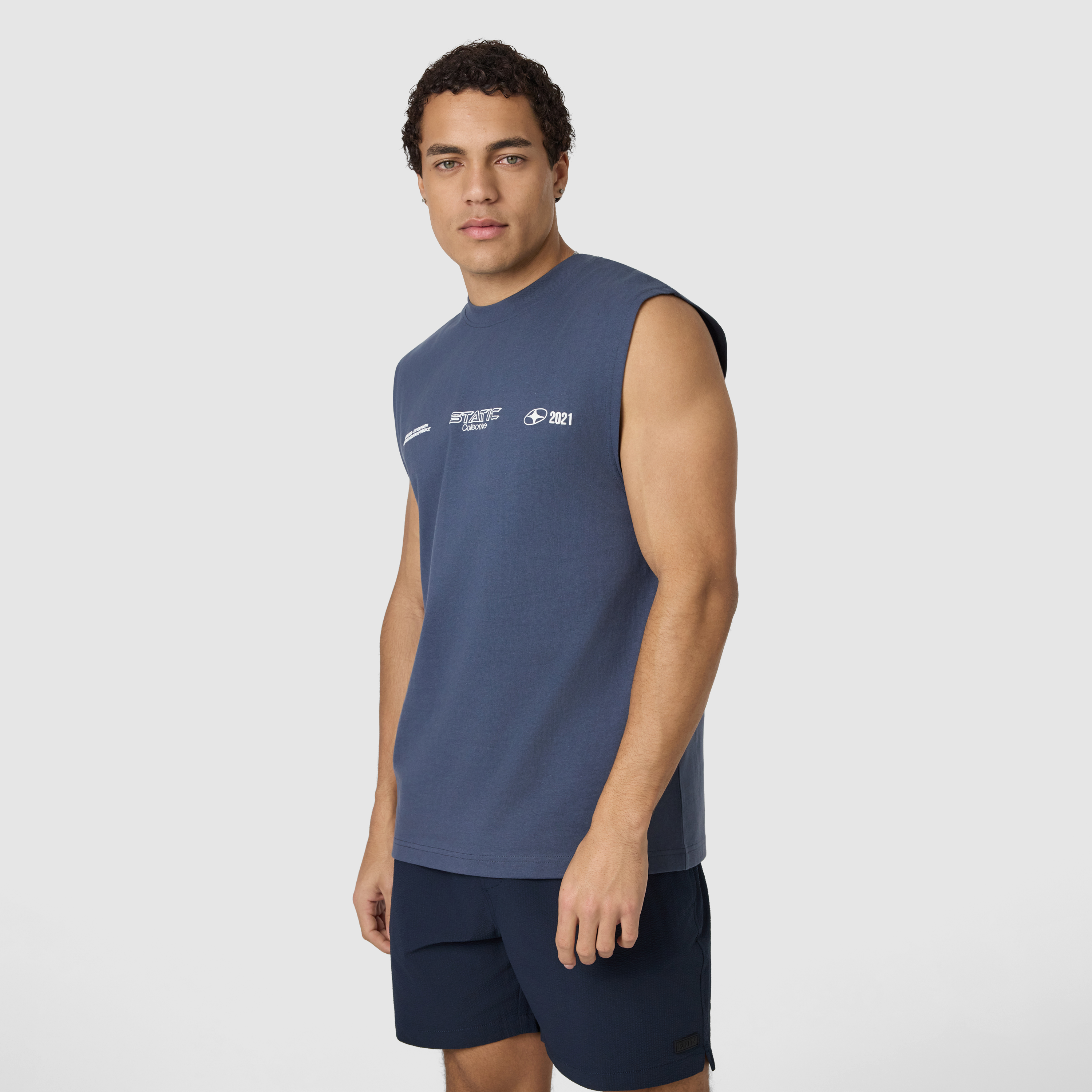 Steel Blue Sleeveless Graphic Tee