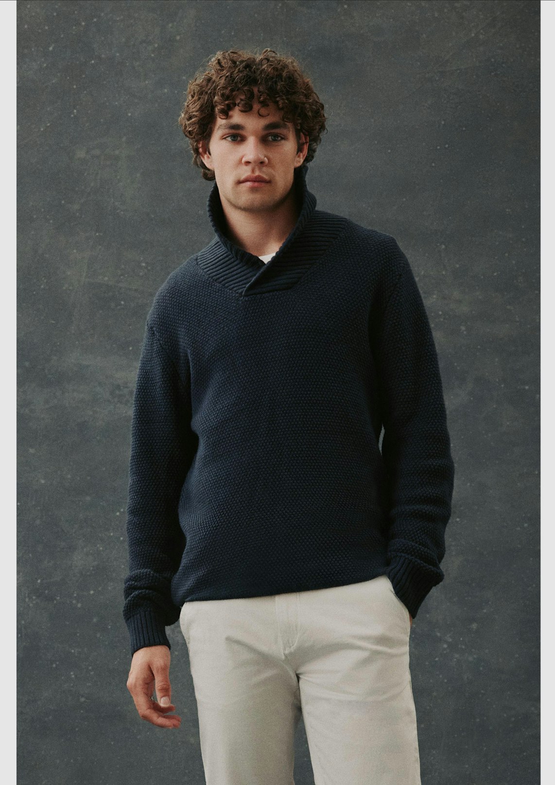 Navy Padstow Shawl Neck Knit Look